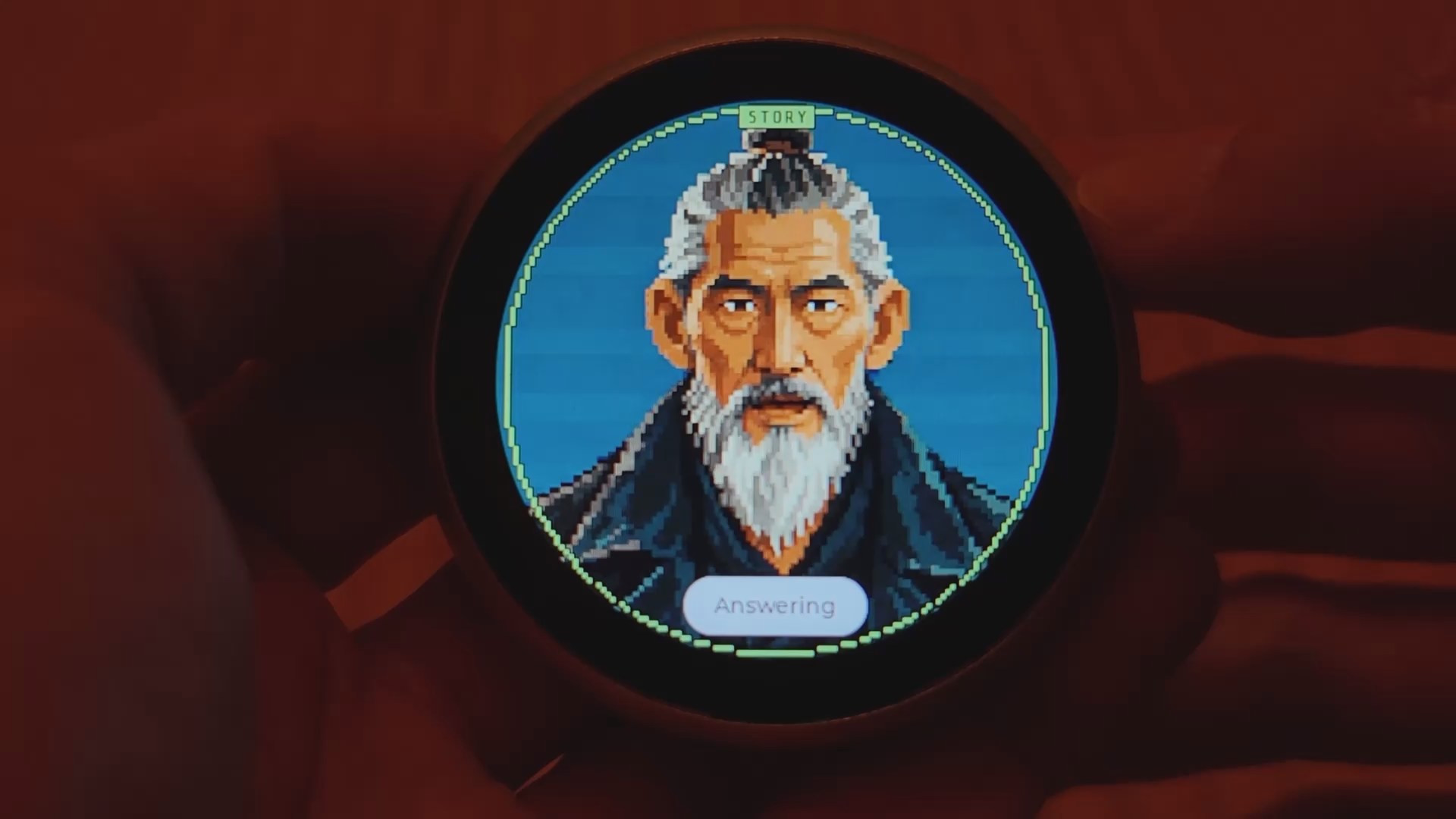 A round AI Pets device showing a pixel-art storyteller.